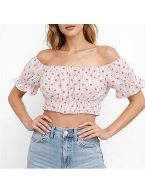 NWT Revolve MAJORELLE Floral Gingham Puff Sleeve Cottagecore Cropped Top Size XL